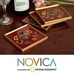 Set of 4 Glass 'Floral Romance in Red' Coasters (Peru)