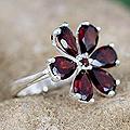 Sterling Silver 'Perfect Petals' Garnet Floral Ring (India)