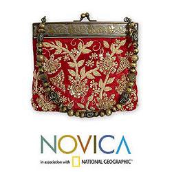 Polyester Velvet 'Red Romance' Beaded Handbag (India)