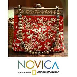 Polyester Velvet 'Red Romance' Beaded Handbag (India)
