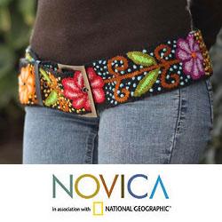 Wool 'Black Night Bouquet' Leather Trim Belt (Peru)