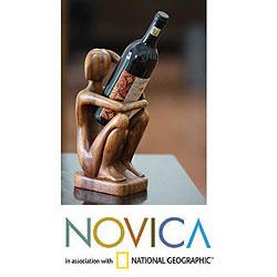 Handcrafted Suar Wood 'Thinker' Wine Bottle Holder (Indonesia)