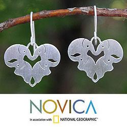 Sterling Silver 'Sweetheart Elephants' Heart Earrings (Thailand)