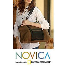 Cotton 'Darjeeling Brown' Leather Accent Shoulder Bag (India)