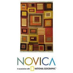 Hand-woven Wool 'Hypnotic Rajasthan' Orange Brown Rug (4x6) (India)