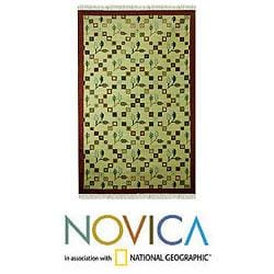 Hand-woven Wool 'Blossoming Mumbai' Brown Green Rug (5x8) (India)