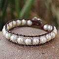 Silver 'White Azalea' Leather and Pearl Bracelet (6.5 mm) (Thailand)