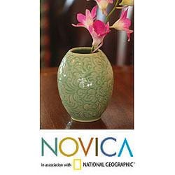Handcrafted Celadon Ceramic 'Thai Peony' Vase (Thailand)