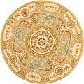 Handmade Empire Bouquet Soft Green/ Beige Wool and Silk Rug (4' Round)