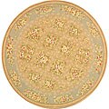 Handmade Bouquet Tiles Sand/ Green Wool and Silk Rug (4' Round)