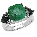 Silver Emerald and Black Sapphire 3-stone Ring