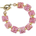 Charming Life Goldtone Pink Square Ceramic and FW Pearl Bracelet (7.5-8 mm)