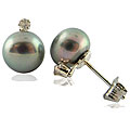 DaVonna Sterling Silver Grey FW Pearl/ 1/10ct TDW Diamond Earrings (8-8.5 mm)