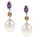 14k Gold Freshwater Pearl, Citrine and Amethyst Earrings (8.5-9 mm)