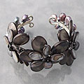 Black Mother of Pearl, Abalone, Pearl Flower Cuff Bracelet (Thailand)