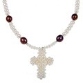 Lee Sands Silvertone Metal White and Chocolate Pearl Cross Necklace