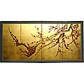 Silk and Wood 18-inch Plum Tree on Gold Leaf Wall Hanging (China)