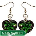 Murano-stlye Glass Black and Green Flower Heart Earrings