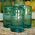 Set of 6 Blown Glass 'Aquamarine Flowers' Etched Glasses (Mexico)