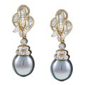 18k Yellow Gold Tahitian Pearl and 1 1/4ct TDW Diamond Earrings (11-12 mm) ...