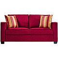 Portfolio Madi Crimson Red Microfiber Sofa with Wine Striped Accent Pillows