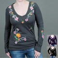Antoinette C Women's Embroidered V-Neck Long Sleeve Top