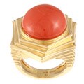 18k Yellow Gold Coral Cabochon Chunky Estate Ring Sz 6
