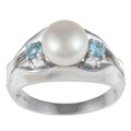 Sterling Silver Freshwater Pearl with Blue Topaz Gemstone Ring (7-8mm)