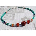 Silver 3-strand Peach Quartz and Malachite Necklace (Afghanistan)
