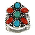 Southwest Moon Sterling Silver Coral and Turquoise Roped Flower Ring