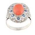 18k White Gold Coral, Sapphire and 3/5ct TDW Diamond Estate Ring (J-K, SI1-SI2)