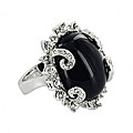 Silvertone Created Black Onyx and Crystal Filigree Cocktail Ring