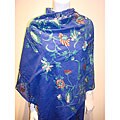 Selection Privee 'Oceane' Blue Floral Embroidered Wool Shawl
