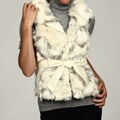 Blanc Noir Women's Beige/ Black Belted Faux Fur Vest FINAL SALE