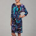 London Times Women's Soft White/ Blue Cinched Dress