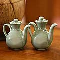 Set of 2 Ceramic 'Modern Jade' Oil and Vinegar Pitchers (Indonesia)