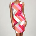 London Times Women's Coral/Magenta Geometric Cotton Sateen Shift Dress