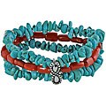 Southwest Moon Coral and Blue Turquoise Chip 3-strand Stretch Bracelet