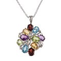 Sterling Silver Oval Multi-gemstone and Diamond Cluster Necklace