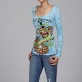 Ed Hardy Women's Sky Blue Hooded Printed Top