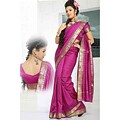 Violet Red Green Sari Fabric with Golden Border (India)