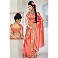 Peach Pink Green Sari Fabric with Golden Border (India)