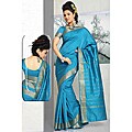 Turquoise Green Sari Fabric with Golden Border (India)