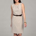 Sandra Darren Women's Tan Pleated Neck Belted Dress