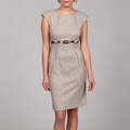 Connected Apparel Women's Taupe Jacquard Belted Dress
