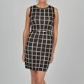 Adrienne Vittadini Women's Grey/Oat Windowpane Plaid Belted Dress