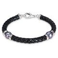 Silvertone Freshwater Black Pearl and Brown Leather Bracelet (9-10 mm)