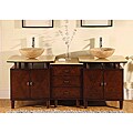 Silkroad Exclusive Travertine Stone Top 73-inch Double Sink Bathroom Vessel Vanity