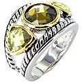 Silvertone with Green and Olive Crystal Antiqued Ring