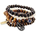 Brown Bead Peace, Evil Eye, and Feather Charm Stretch Bracelet Set